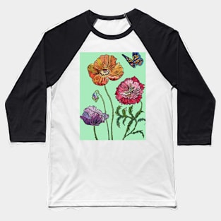 Pretty Poppies Watercolor on Mint Green Baseball T-Shirt